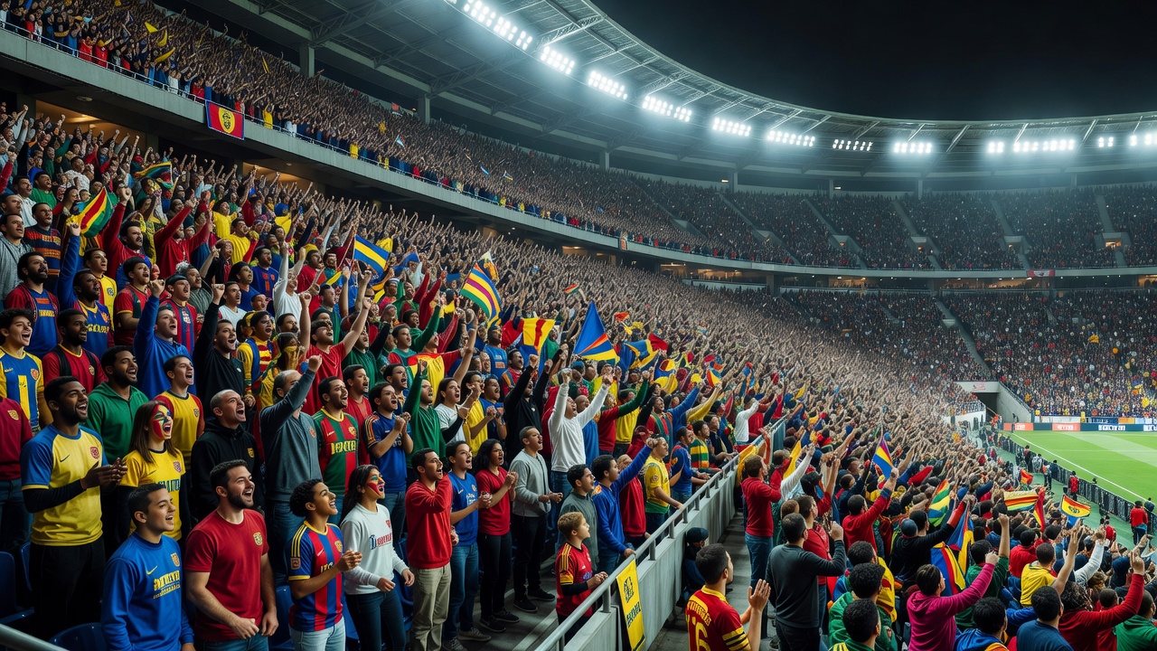Spectators in a grand football stadium under bright lights
