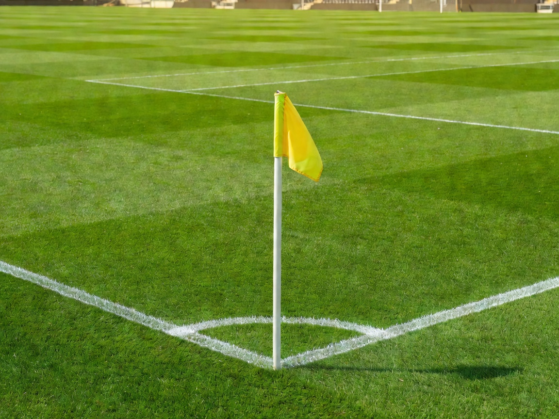 Vibrant green football pitch with corner flag